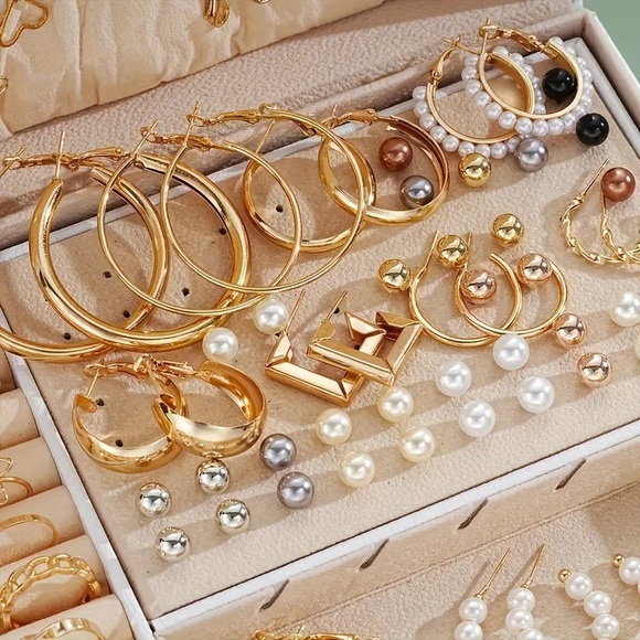 56pc golden Jewelry Set Necklaces, Rings, Faux Pearl Decor Hoop & Studs Earring - Picture 9 of 10